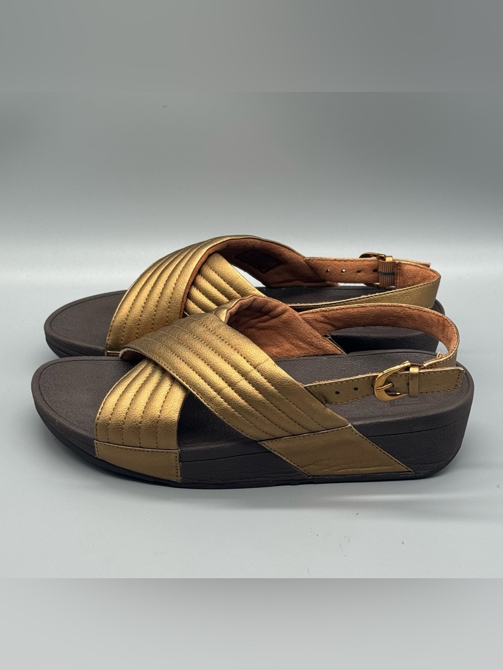 FitFlop Lulu Padded Cross Backstrap Sandals Gold Womans sz 8 Orig $110